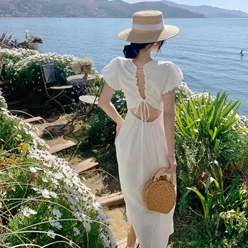 YENİ Kadın Off-beyaz uzun elbise Yaz 2022 Pist Zarif Kore Y2k Backless Elbise Plaj Tatil Parti Gece Uzun Vestidos