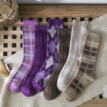 Funky Geometrik Uzun Çorap Kadın Pamuk Rahat Nefes Sonbahar Kış Çorap Kahve Mor Ekose Rahat Buzağı Çorap Streetwear