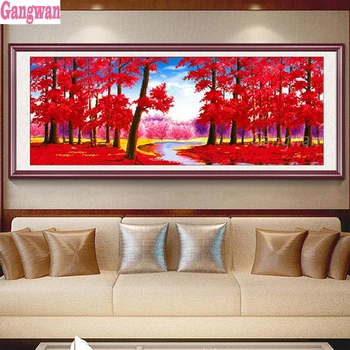 elmas boyama dikiş çapraz orman kırmızı ağaç görünümü nakış tam kare yuvarlak matkap mozaik taklidi resim büyük ev dekor