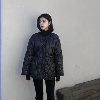 Ilkbahar ve Sonbahar Siyah Ceket kadın Kış Yeni Kore Tarzı Gevşek Bel Sarılma Zayıflama Kapitone pamuklu ceket Kadın