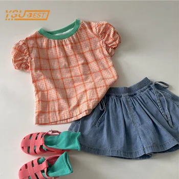 Çocuklar Bebek Kız Kısa Kollu Izgara T-shirt + Kovboy Şort giyim setleri 2 Adet Yaz Bebek Bebek Kız Takım Elbise çocuk Giysileri
