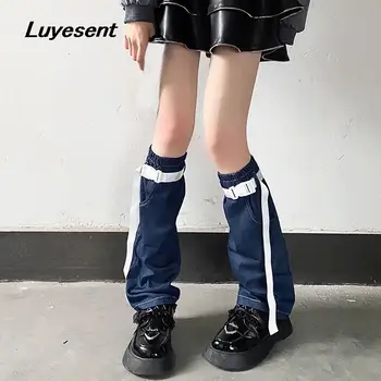 Japon Harajuku Kadınlar Katı Mavi Uzun Çorap Y2k Kız Cep Tasarım Beyaz Kayış Denim bacak ısıtıcısı Kaya Sokak Kore Ayak Kapakları