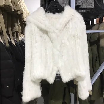 Kış Kadın Gerçek Tavşan Kürk kapüşonlu ceket Rahat Örme Şal Kürk Kapüşonlu kürk ceketler