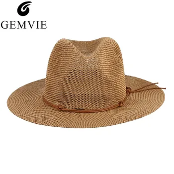 GEMVIE Yeni Yaz Şapka panama şapkası Oymak Hasır Şapka Erkekler Kadınlar Için Deri Şerit Büyük Ağız Güneş plaj şapkası Caz Kap Fedora