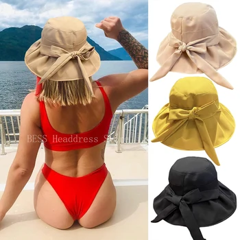 2023 Büyük Ağız Yay Kova Şapka Pamuk Moda Kore Rahat Bayanlar Düz Balıkçı Kap Plaj Turizm Şapkalar Kadınlar Nefes güneş şapkası