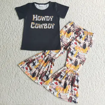 Merhaba BEBEK Kovboy Batı kız kıyafeti yürümeye başlayan kız mektup gömlek çan alt pantolon moda 2 parçalı set