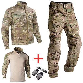 Erkekler Askeri Taktik Ceketler Camo Multicam Kargo Iş Elbisesi Savaş Üniforma Airsoft Avcılık Giyim Ordu Gömlek + Pantolon + Pedleri