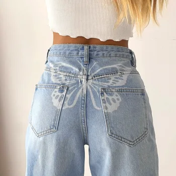 Kelebek Baskı Kadın Kot Baggy Harajuku Düz Bacak Rahat Yüksek Bel Y2K Bayanlar Pantolon Streetwear Denim pamuklu pantolonlar Yeni
