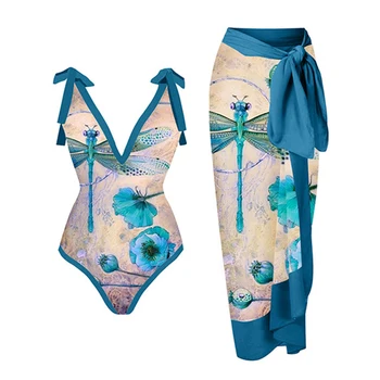 Mavi Tek Parça Mayo Seti Moda V Yaka Baskı Mayo Kızlar İçin Etek İle Sıkı kadın Bandaj Yüzme Takım Elbise 2022 Lüks