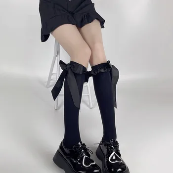 Lolita İlmek Uzun Çorap Kadın JK Fırfır Yüksek Diz Çorap Kadın Siyah Beyaz Çorap Bacak Streetwear Elbise Calcetine mujer