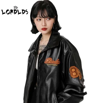 LORDLDS Kadın deri ceketler Siyah Beyaz Gevşek Büyük Boy Sonbahar Güz Kore Moda Mont Bayan Bombacı Ceket Giyim