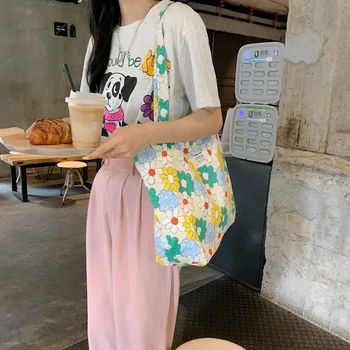 Büyük Kapasiteli Kadın İnce Bez omuzdan askili çanta Retro Çiçek Kız Öğrenci Kitap Tote Çanta Vintage Kadın Bakkal Alışveriş Çantaları