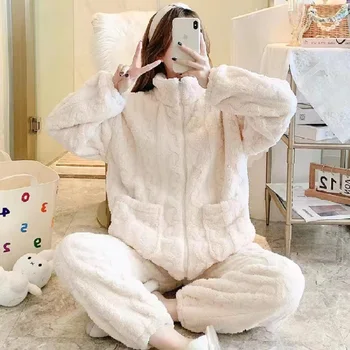 Kadın Loungewear Sıcak Pijama Loungewear Bayanlar Facecloth Peluş Rahat Pijama Sonbahar Ve Kış Fermuar Pijama Set