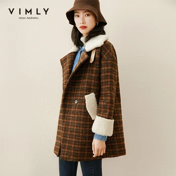 Vimly Kış 2021 Ekose Yün Ceket Kadınlar İçin Vintage Yaka Gevşek Cepler Kaşmir Uzun Ceketler Zarif Kadın Palto F5681