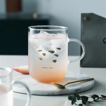 Şık Cam Kupa Balık Gezegen Altın Baskı Kahvaltı Süt Suyu Kahve Fincanı Kristal Şeffaf Kupalar Kolu Drinkware Çift Hediyeler