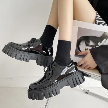 Kadın Siyah Tıknaz Ayakkabı Zapatillas Mujer Platformu Oxford Ayakkabı Kadınlar için 2022 İlkbahar Sonbahar Casual Lace Up Flats