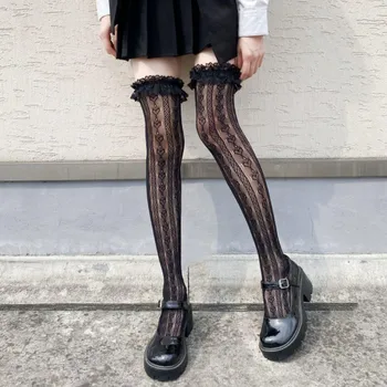 Kadınlar Seksi Dantel Kalp Fishnet Uzun Tüp Örgü Diz Vücut Çorapları Hizmetçi Cosplay Lolita Uyluk Yüksek balık ağı Çorap Uzun Çorap