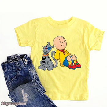 Yeni Sıcak Satış Bebek T-Shirt Sevimli Caillou Ve Köpek Karikatür Baskı Erkek Tshirt Moda Rahat Çocuk giyim T Shirt Beyaz Gömlek