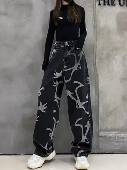 Gevşek Graffiti Kot Komik Erkek Arkadaşı Kot Kadın Sonbahar Hip Hop Pantolon Yüksek Bel Kargo Kot Serin Düz Siyah Pantolon Kadın