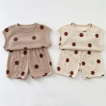 Yaz Bebek Erkek Kız Giysileri Setleri 2 adet Sevimli Pamuk Kolsuz Çocuk Üstleri + Şort Bebek Giyim Toddler Kıyafetler