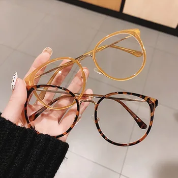 SO & EI Moda Yuvarlak Kadın Gözlük Çerçeve Vintage Şeffaf Lens Gözlük Erkekler Optik Leopar Yeşil Gözlük Çerçevesi
