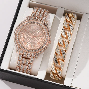 2 ADET Set Lüks Kadın Gül Altın İzle Moda Bayanlar Kuvars Elmas Kol Saati Zarif Kadın Bilezik Saatler Reloj Mujer