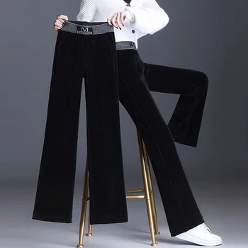 Kadife Geniş Bacak Pantolon Kadın Rahat Gevşek Pantolon Elastik Yüksek Bel Baskı düz pantolon Sonbahar Kış Sıcak Pantolon Artı Boyutu