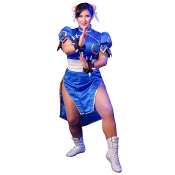 Chun Li Cosplay Kostüm Yetişkin için Mavi Cheongsam Cadılar Bayramı Partisi Elbise kadın Üstün Street Fighter Chun Li Cosplay Kostüm