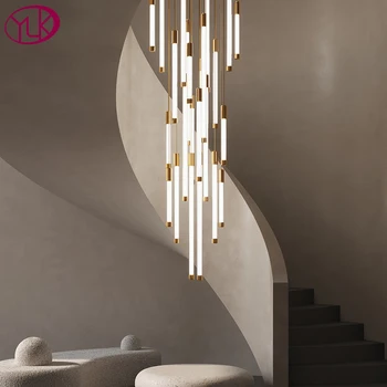 Yeni modern avize merdiven lüks dimer led'li şerit ışık oturma odası lobi altın asılı lamba büyük fuaye aydınlatma
