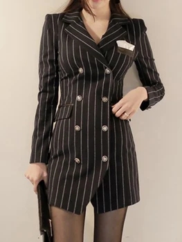 Zarif Ofis Kadın Takım Elbise Mizaç Resmi Çizgili Kruvaze İnce Gidip Ceket Blazer Ceket Bayan Femme Mujer Dış Giyim