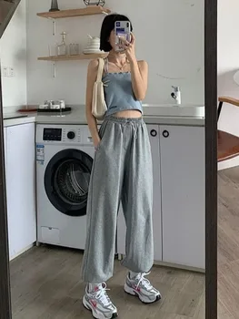HOUZHOU Rahat Gri Sweatpants Kadın Harajuku Elastik Bel Koşu Kore Tarzı harem pantolon Gevşek Joggers Moda Streetwear