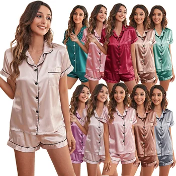 Saten Pijama Seti Kadın Yaz Yeni Düz Renk Taklit İpek Kısa Kollu Şort İki Parçalı Set Rahat Nefes Gecelik Takım Elbise