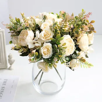 Ipek Beyaz Yapay Güller Çiçekler Düğün Ev Sonbahar Noel Dekorasyon İçin Büyük Buket Lüks Sahte Çiçek Düzenleme Toplu