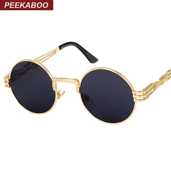 Peekaboo vintage retro gotik steampunk ayna güneş gözlüğü altın ve siyah güneş gözlüğü vintage yuvarlak daire erkekler UV gafas de sol