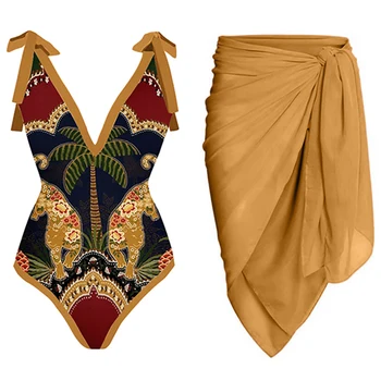 V Yaka Vintage Hayvan Baskı Tek Parça Mayo Seti Yüksek Bel İnce Aç Geri Beachwear Kadın papyon Askısı Zarif Cover Up