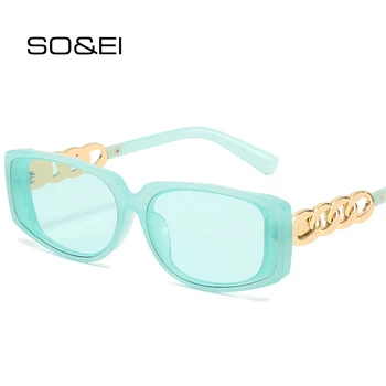 SO & EI Moda Dikdörtgen Jöle Renk Kadın Güneş Gözlüğü Retro Metal Zincir Gözlük Shades UV400 Erkekler Trend Kare güneş gözlüğü