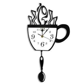 Yaratıcı Kahve fincanı ve Kaşık Modern Mutfak duvar saati Sallanan Kaşık Kahve Fincanı Sarkaç duvar saati Kahve Tiryakisi Hediye
