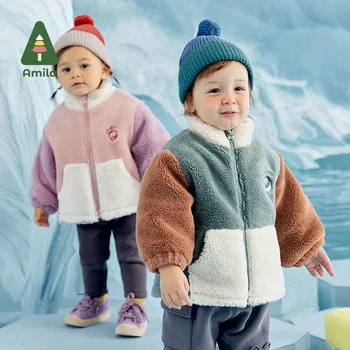 Amila Bebek Giyim Kuzu Polar Ceket Rahat Sıcak 2022 Yeni Moda Kış Erkek ve Kız 0-6 Yıl