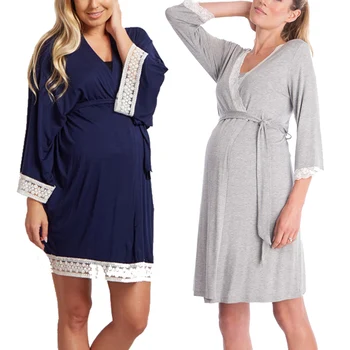 Annelik Elbise Hamile Kadınlar Hemşirelik Kıyafeti Dantel Trim Yarım Kollu Pijama Ropa Mujer Embarazada Premama