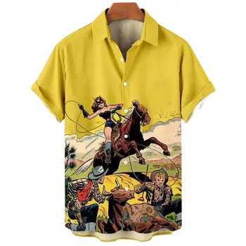 Moda Kovboy erkek gömleği 3d Baskı Kovboy Gömlek Erkekler İçin Klasik Kısa Kollu Vintage Üst Tee Gömlek Erkekler Büyük Boy Bluz Camisa