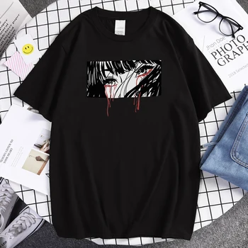Kore Tarzı Kız Kanlı Gözyaşı Karikatür rahat T-Shirt Harajuku Brandt Gömlek Crewneck Vintage Üst Büyük Boy T Shirt Erkek