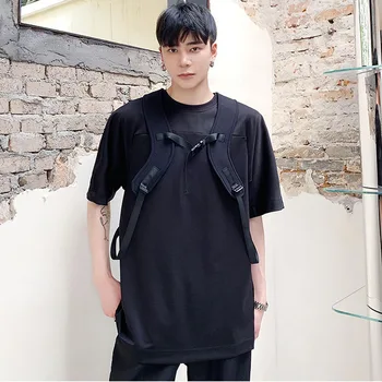 Erkek Kayış Kısa Kollu Gevşek Rahat siyah beyaz tişört Erkek T Shirt Streetwear Harajuku Kore moda üst giyim Tees Gömlek