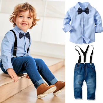 Çocuklar Sonbahar Giysileri Mavi Gömlek Papyon Yumuşak Kot Pantolon Erkek Giysileri Erkek Bebek Erkek Giyim için 3 ila 4 Yaşında Yürümeye Başlayan Takım Seti