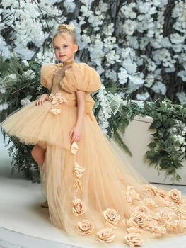 Çiçek Kız Elbise Kabarık Tül Pageant Doğum Günü Partisi Aplike Prenses Elbisesi İlk Komünyon balo kıyafetleri