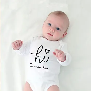 Merhaba ben Burada Yeni Mektuplar Baskı Yenidoğan Bebek Bodysuit Uzun Kollu Vücut Erkek Bebek s Bebek Kız Kıyafetler Giysileri
