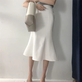 Kore Moda Yaz Etekler Şık Zarif İnce Beyaz Yüksek Bel Mermaid Uzun Etek Kadın Ofis Bayan Ruffles Wrap Kalça Faldas