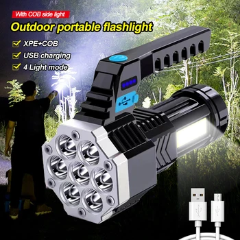 Güçlü 7LED el feneri Cob yan ışık uzun atış Mini projektör USB şarj edilebilir su geçirmez el feneri dahili pil