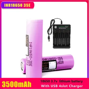 Aleaıvy INR18650 35E şarj edilebilir lityum pil 3.7 v 3500mAh 25A elektrikli oyuncak araçları için el feneri küçük fan + USB 4 yuvası şarj cihazı