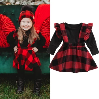 0-4Years Noel Bebek Kız Güzel Giyim Setleri 2 adet Uzun Kollu Kazak Katı T Shirt + Ekose Ruffles Askı Etek Moda