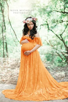 Kadın Dantel Hamile Giyim Kadın Firar Kısa kollu Tek parça uzun elbise Fotoğraf Uçan Kollu hamile elbisesi